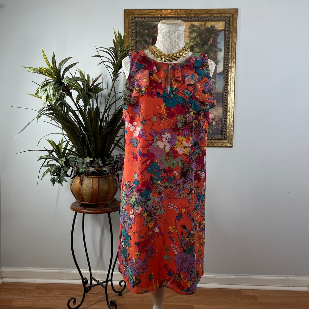 Nicole Miller Shift Dress Womens 10 Orange Floral Polyester Ruffle Keyhole